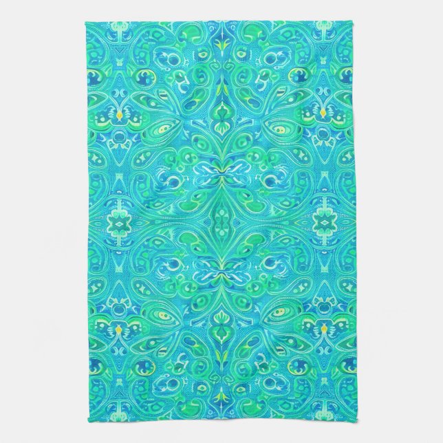 Aquamarine Arabesque Bohemian Pattern Kitchen Towel (Vertical)