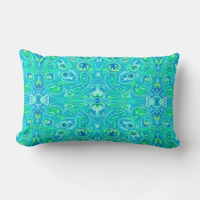 Aquamarine Arabesque Bohemian Pattern Lumbar Pillow (Front)