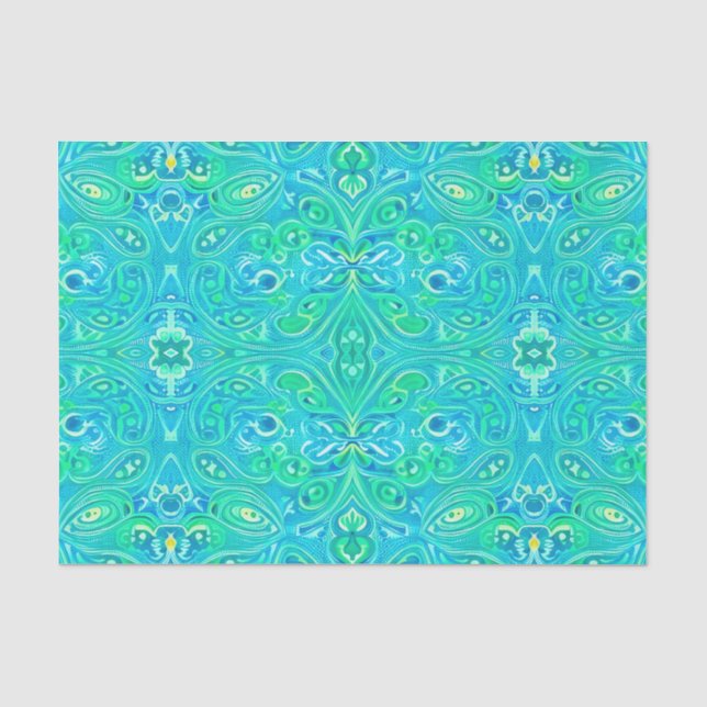 Aquamarine Arabesque Bohemian Pattern Tissue Paper (Front)