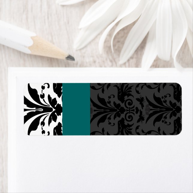 Aquamarine & Black Bumble Bee Damask Address (Insitu)