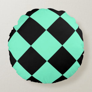 Aquamarine Black Chequered Diamond Pattern Round Pillow