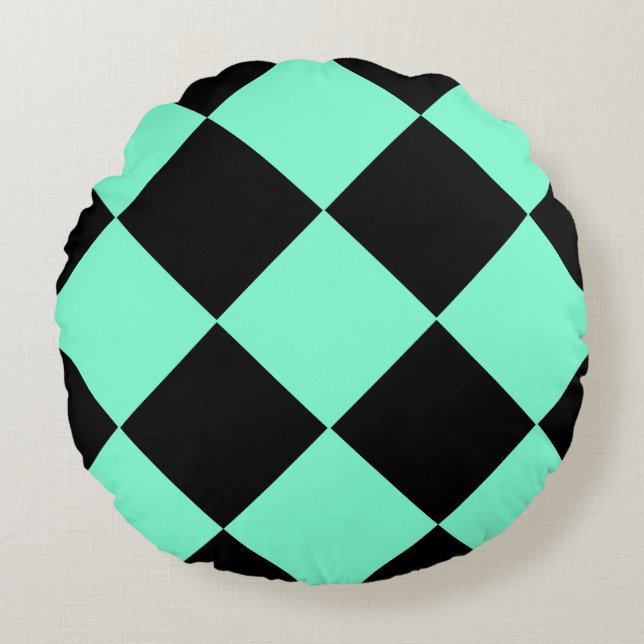 Aquamarine Black Chequered Diamond Pattern Round Pillow (Front)