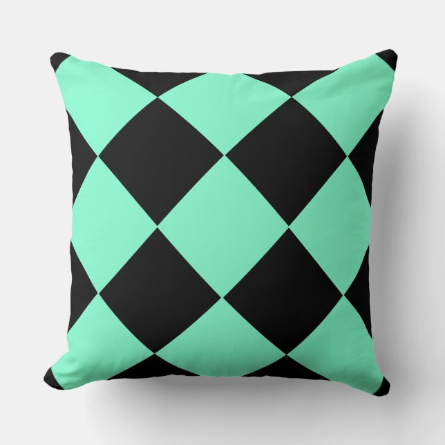 Aquamarine Black Chequered Diamond Pattern Throw Pillow (Front)