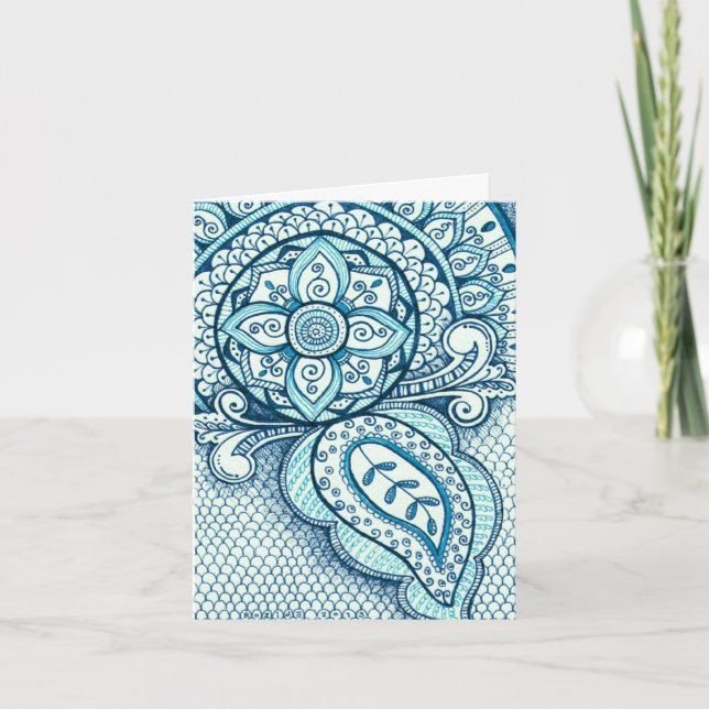 Aquamarine Blue Damask Mandala indien Merci (Devant)