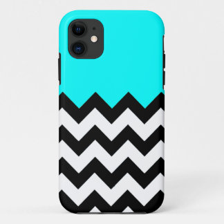 Aquamarine-Blue-On-Black-&-White-Zigzag-Pattern iPhone 11 Case