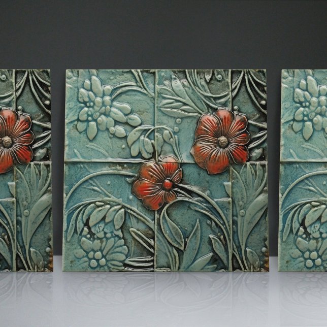 Aquamarine Blue Red Floral Organic Patterns Tile (Creator Uploaded)
