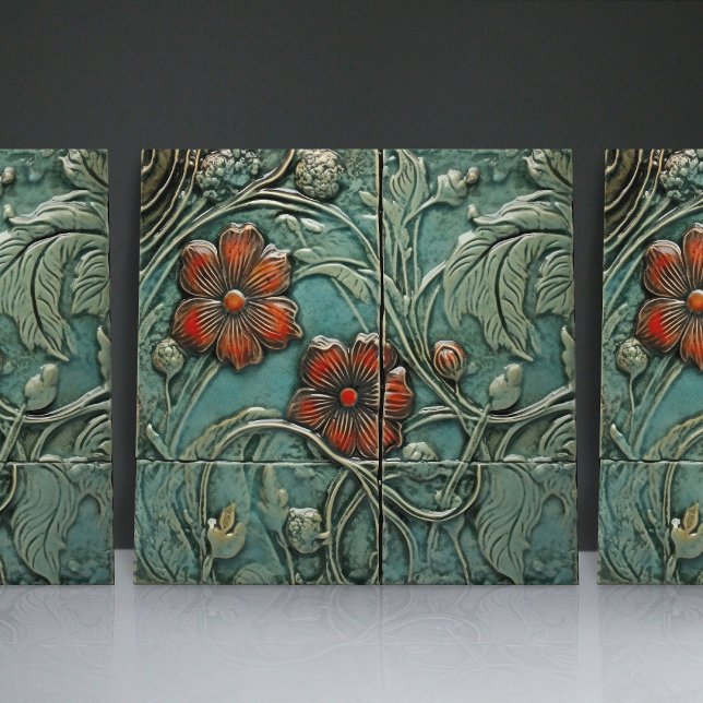 Aquamarine Blue Red Floral Organic Patterns Tile (Creator Uploaded)