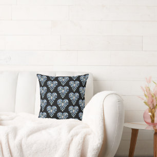Aquamarine blue silver diamond heart black throw pillow