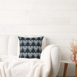 Aquamarine blue silver diamond heart black throw pillow