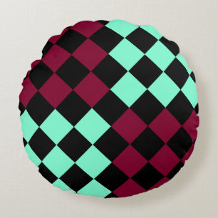 Aquamarine Burgundy Chequered Diamond Pattern Round Pillow