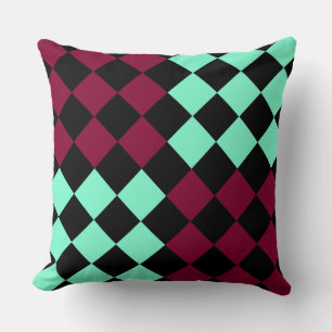 Aquamarine Burgundy Chequered Diamond Pattern Throw Pillow
