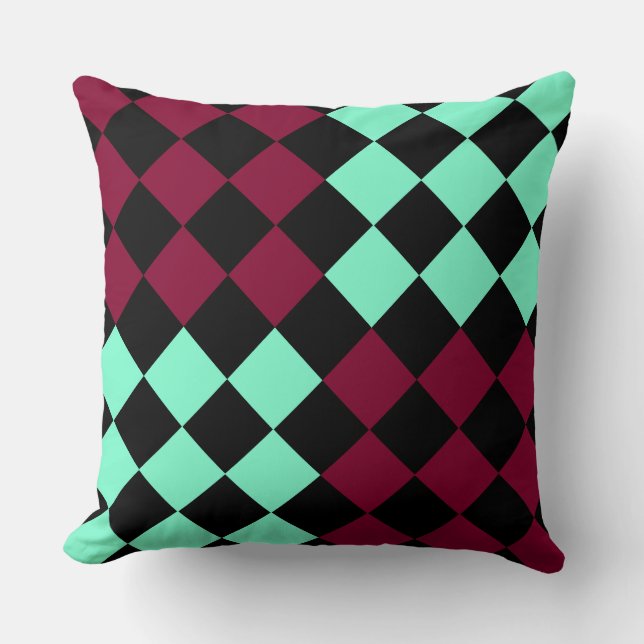 Aquamarine Burgundy Chequered Diamond Pattern Throw Pillow (Front)