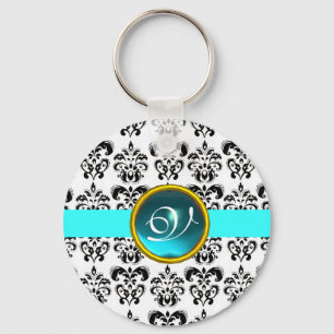 AQUAMARINE DAMASK MONOGRAM,blue turquase Keychain