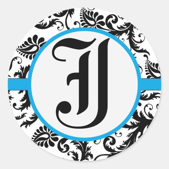 Aquamarine Damask Monogram Wedding Stickers (Front)