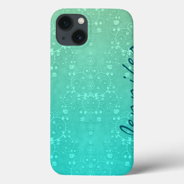 Aquamarine Fancy Damask Turquoise Personalized Art Case-Mate iPhone Case (Back)