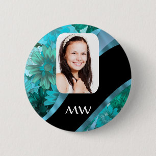 Aquamarine floral personalized photo 2 inch round button