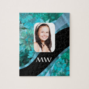 Aquamarine floral personalized photo jigsaw puzzle