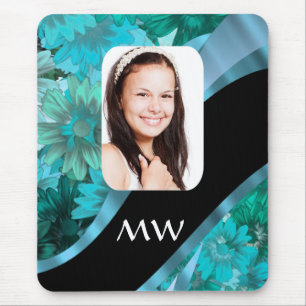 Aquamarine floral personalized photo mouse pad