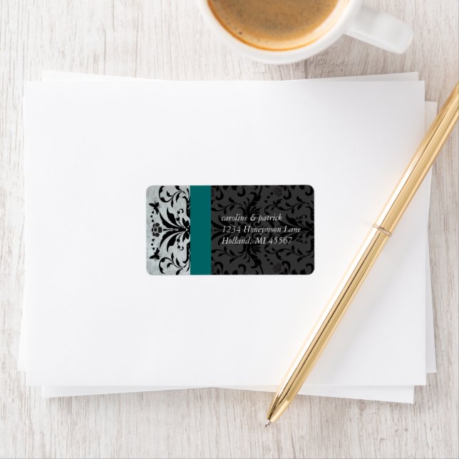 Aquamarine Grey Bumble Bee Damask Étiquettes de ad (En situation)