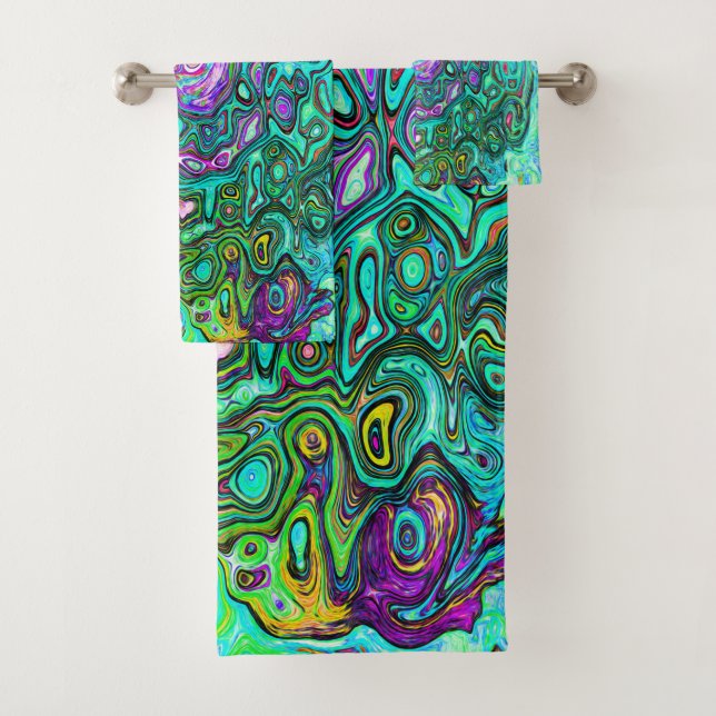 Aquamarine Groovy Abstract Retro Liquid Swirl Bath Towel Set (Insitu)