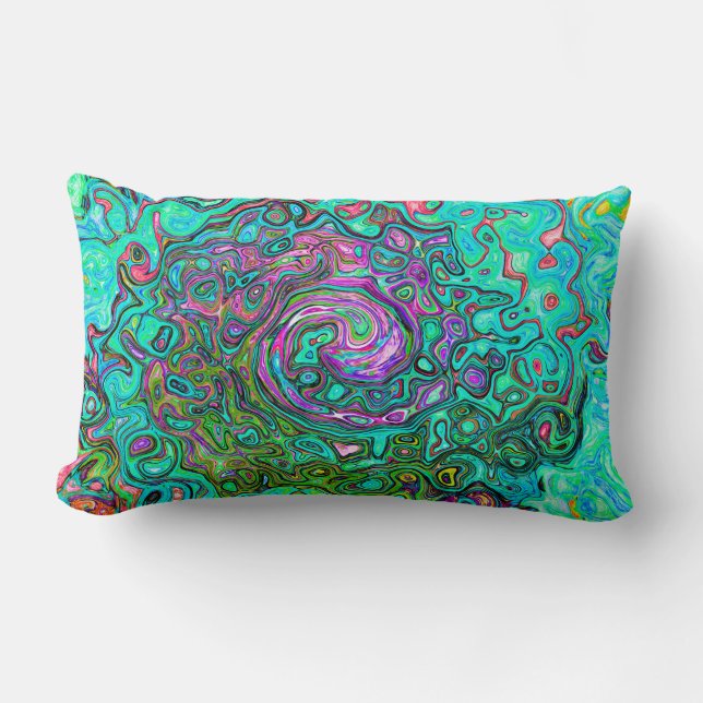 Aquamarine Groovy Abstract Retro Liquid Swirl Lumbar Pillow (Front)