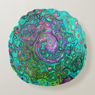 Aquamarine Groovy Abstract Retro Liquid Swirl Round Pillow