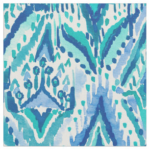 Aquamarine Ikat Fringe Tribal Watercolor Fabric