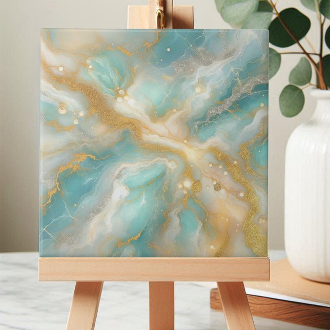 Aquamarine Marble Gold Glitter Veins and Swirls Tile (Creator Uploaded)