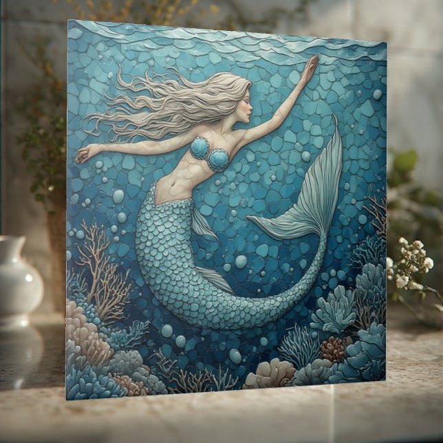 Aquamarine Mermaid Ocean Mosaic Luminous Coral Art Tile (Aquamarine Mermaid Ocean Mosaic Luminous Coral Art Ceramic Tile)