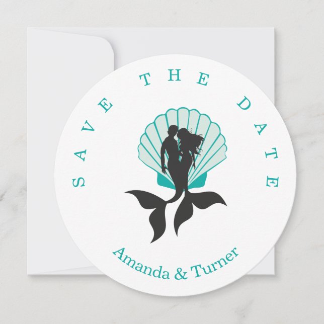 Aquamarine Mermaids Couple on a Seashell Design Save The Date (Front)
