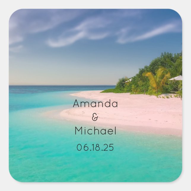 Aquamarine Ocean Tropical Beach Scenic Wedding Square Sticker (Front)