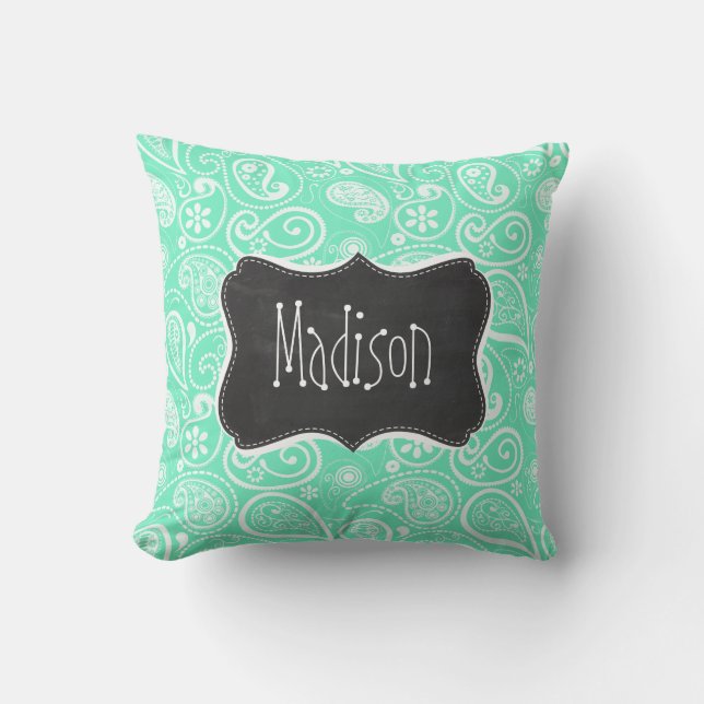 Aquamarine Paisley; Retro Chalkboard Throw Pillow (Front)