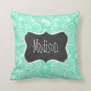 Aquamarine Paisley; Retro Chalkboard Throw Pillow
