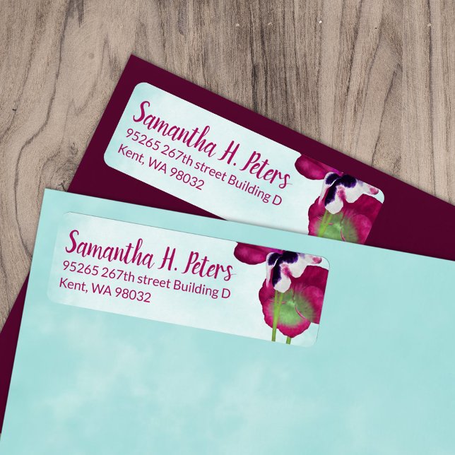 Aquamarine, Pansies Violet Retourner l'adresse Éti (magenta pink berry turquoise pansy flowers wedding invitation address label, mailing return address)