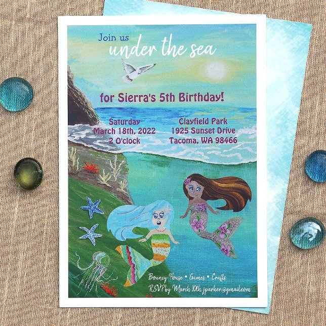 Aquamarine, Pink, Blue Mermaid Birthday Party Invitation (Girl's Happy Birthday, Mermaids, Undersea Adventure, Octopus Party Invitations)