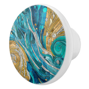 Aquamarine River Abstract Mosaic Art Ceramic Knob