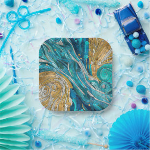 Aquamarine River Abstract Mosaic Art Paper Plate