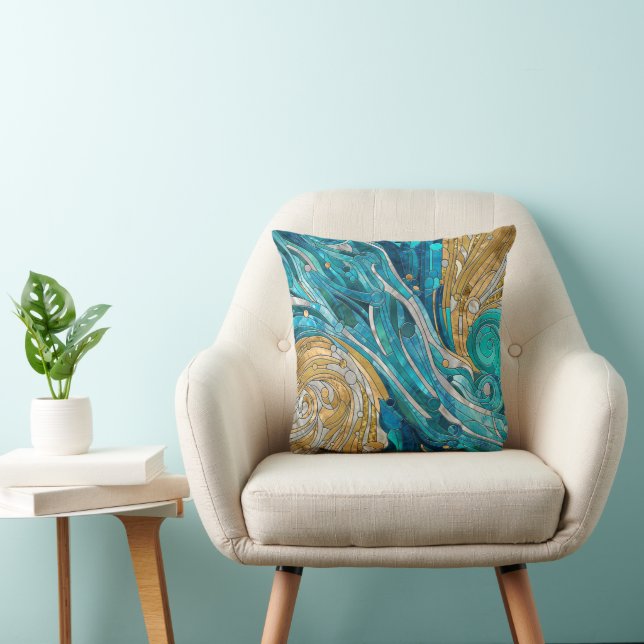 Aquamarine River Abstract Mosaic Art Throw Pillow (Chair)