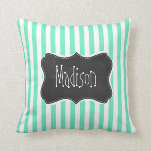 Aquamarine Seafoam Green Stripes; Chalkboard look Throw Pillow