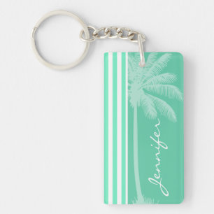 Aquamarine Seafoam Green Stripes; Retro Palm Tree Keychain