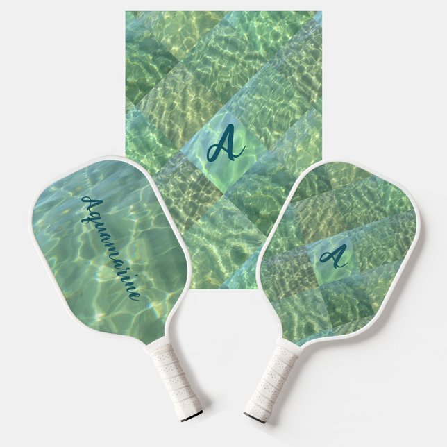 Aquamarine Seafoam Water Patchwork Monogram Pickleball Paddle (Creator Uploaded)