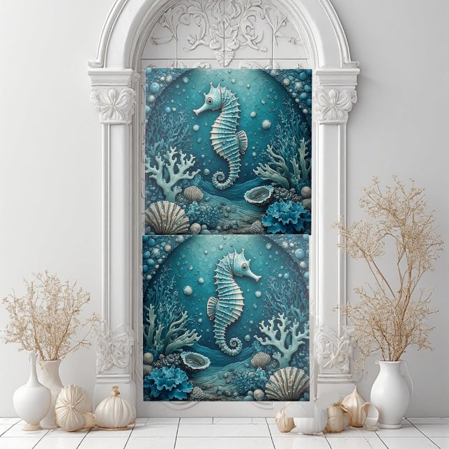 Aquamarine Seahorse Coastal Seashells Corals Reef  Tile (Aquamarine Seahorse Coastal Seashells Corals Reef Ceramic Tile)