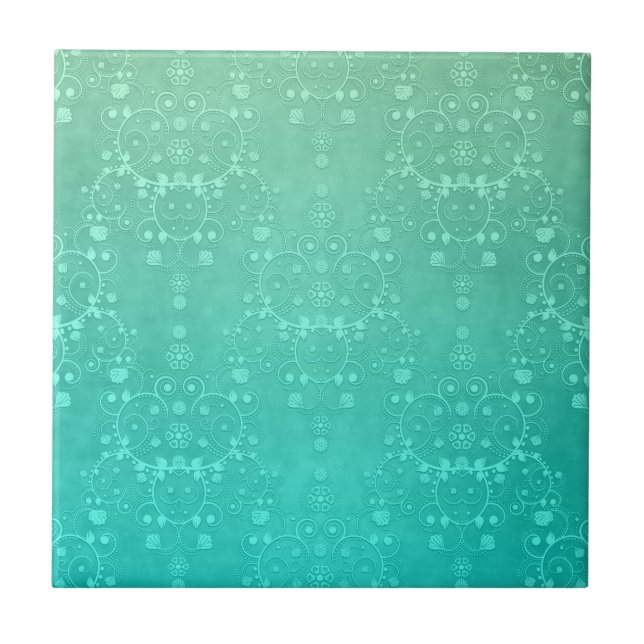 Aquamarine Teal Mint Green Fancy Damask Pattern Tile (Front)
