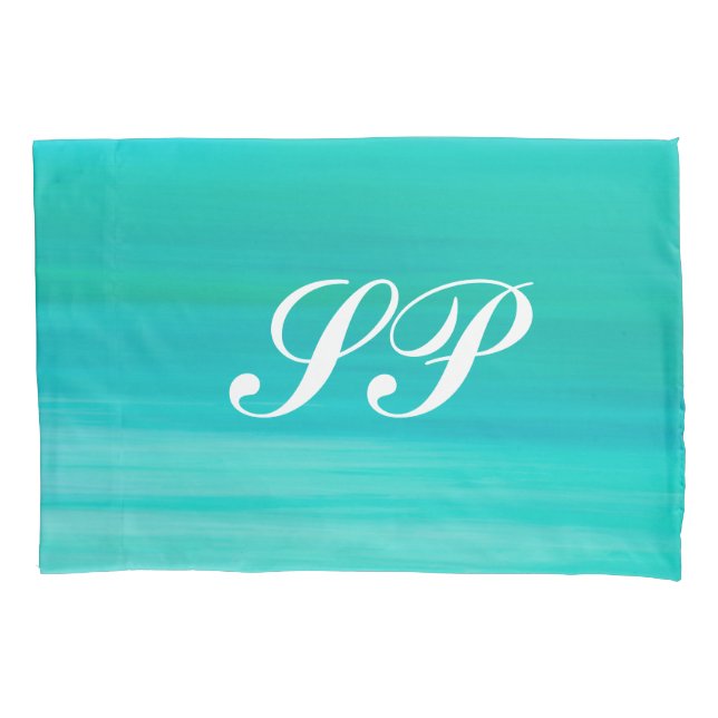 Aquamarine turquoise coloured ocean water monogram pillowcase (Front)