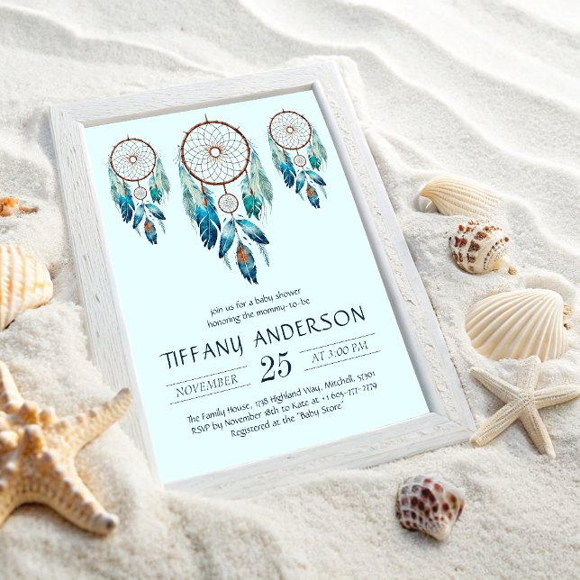 Aquamarine Watercolor Dreamcatcher Baby Shower Invitation (Aquamarine Watercolor Dreamcatcher Baby Shower Invitation)