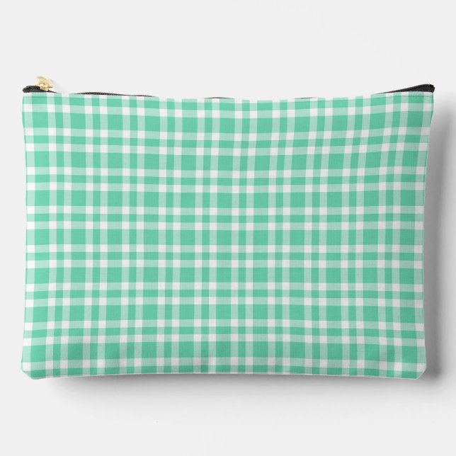 Aquamarine White Plaid Pattern Large Accessory Pouch (Front)