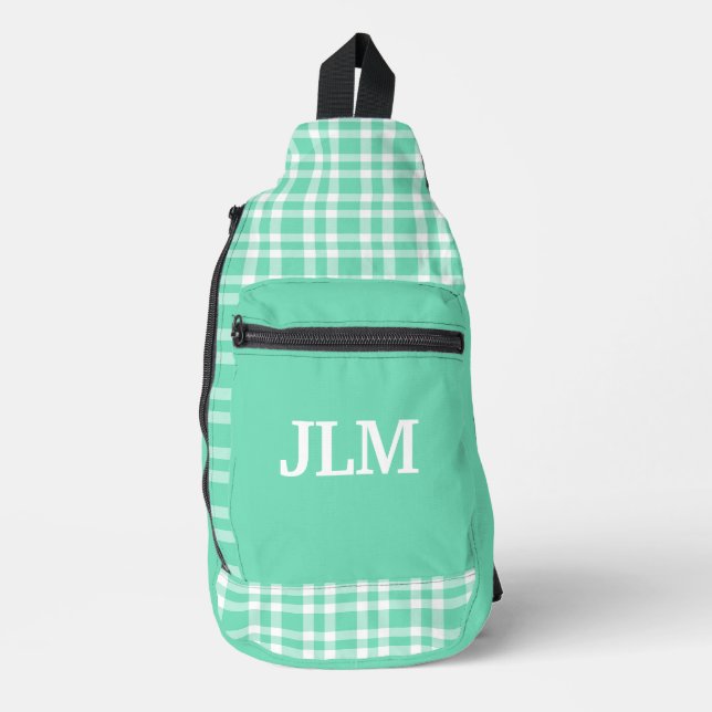 Aquamarine White Plaid Personalize Pattern Sling Bag (Front)