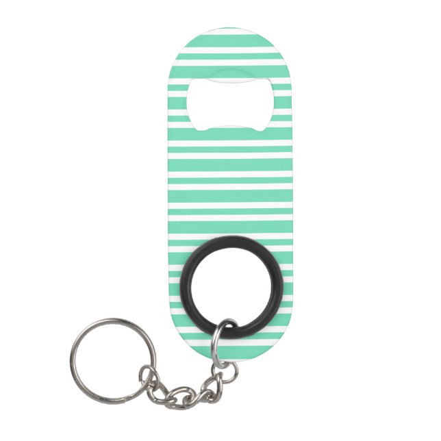 Aquamarine White Stripes Pattern Keychain Bottle Opener (Front)