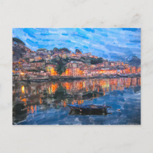 Aquarell. Abend in Vila Nova de Gaia am Douro. Postcard