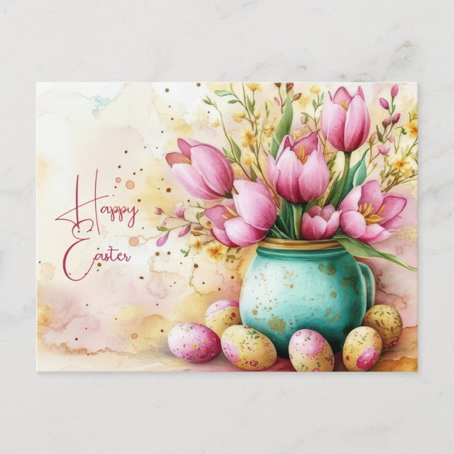 Aquarell Easter postcard with Easter eggs and flow (Front)